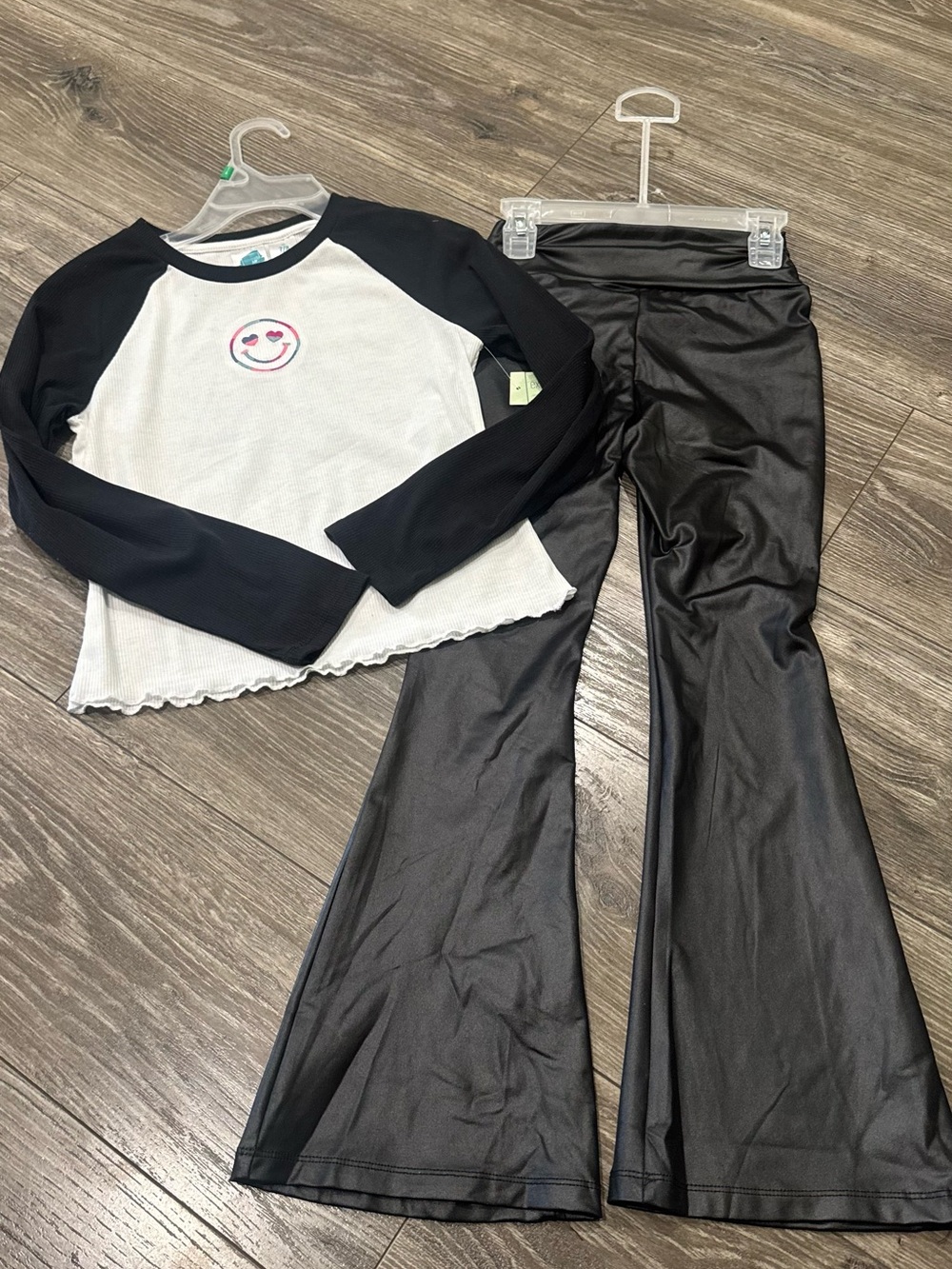 Girls Black & White Smile Raglan Top with Black Flared Leggings - Matching Set